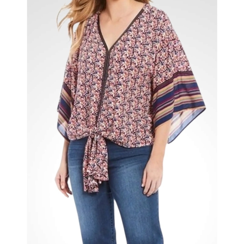 Democracy Multicolor Kimono Sleeve Tie-Front Blouse Medium